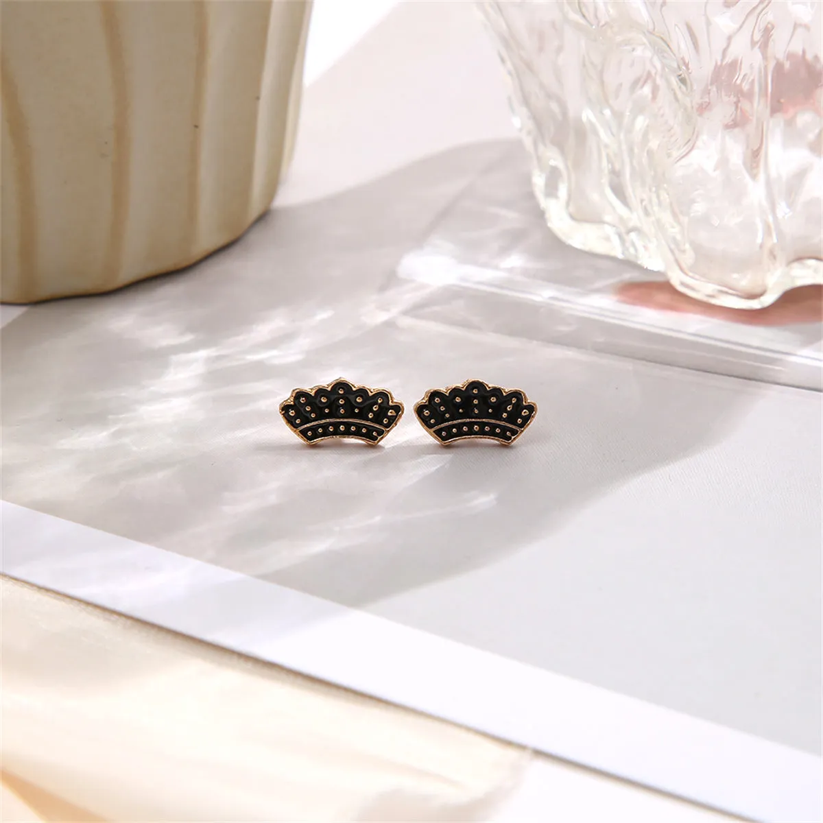 18K Gold-Plated & Black Enamel Crown Stud Earrings