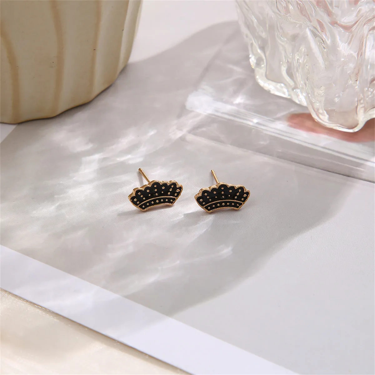 18K Gold-Plated & Black Enamel Crown Stud Earrings