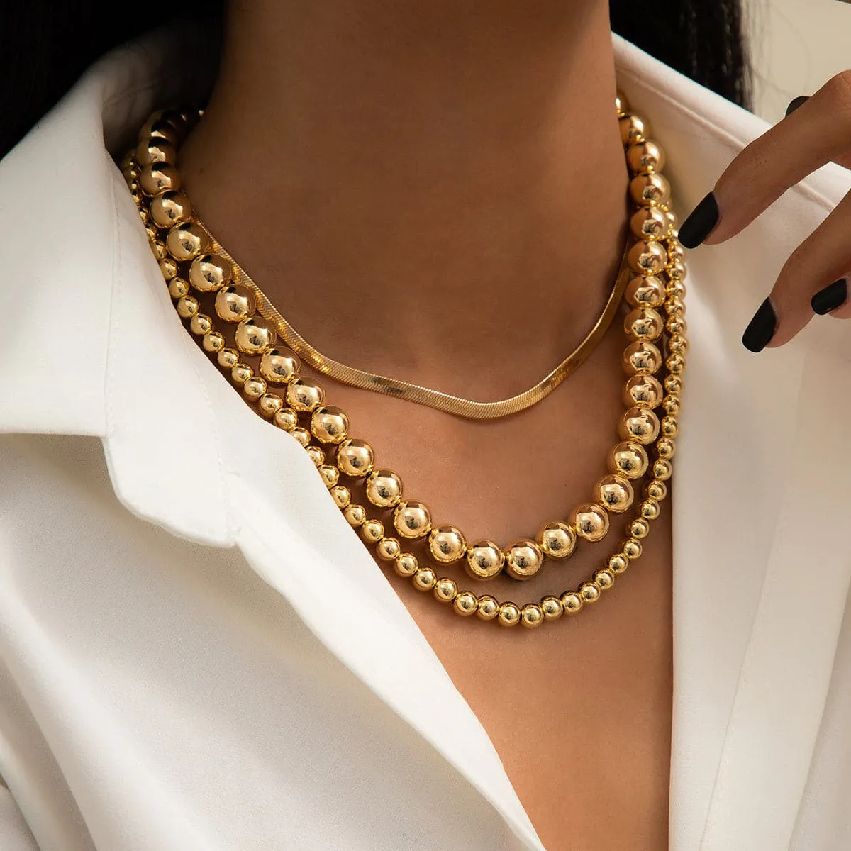 18K Gold-Plated Bead & Snake Chain Necklace Set