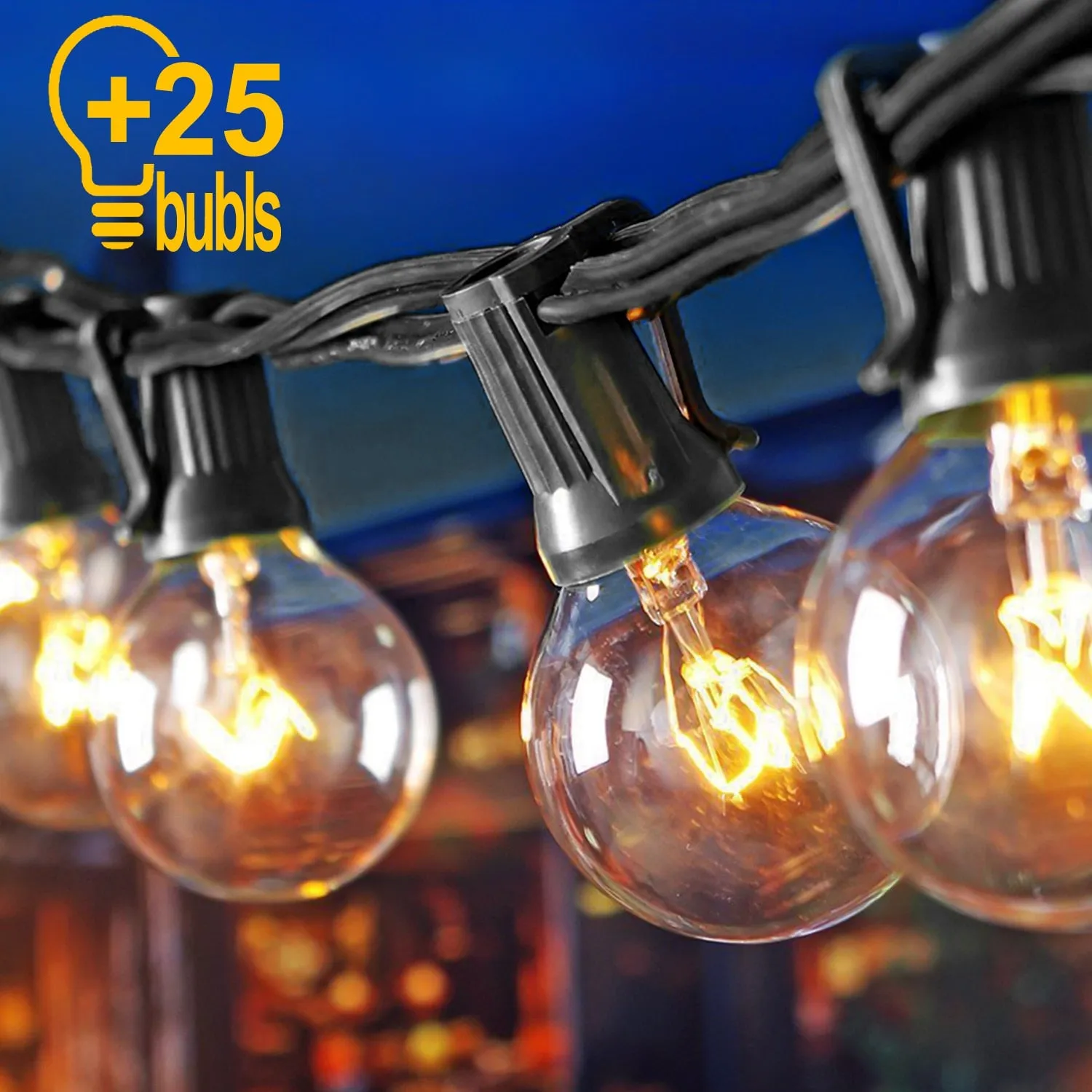 25Ft G40 Globe Bulb String Lights With 25 Clear Ball Vintage Bulbs Indoor/Outdoor Hanging Umbrella Patio String Lighting