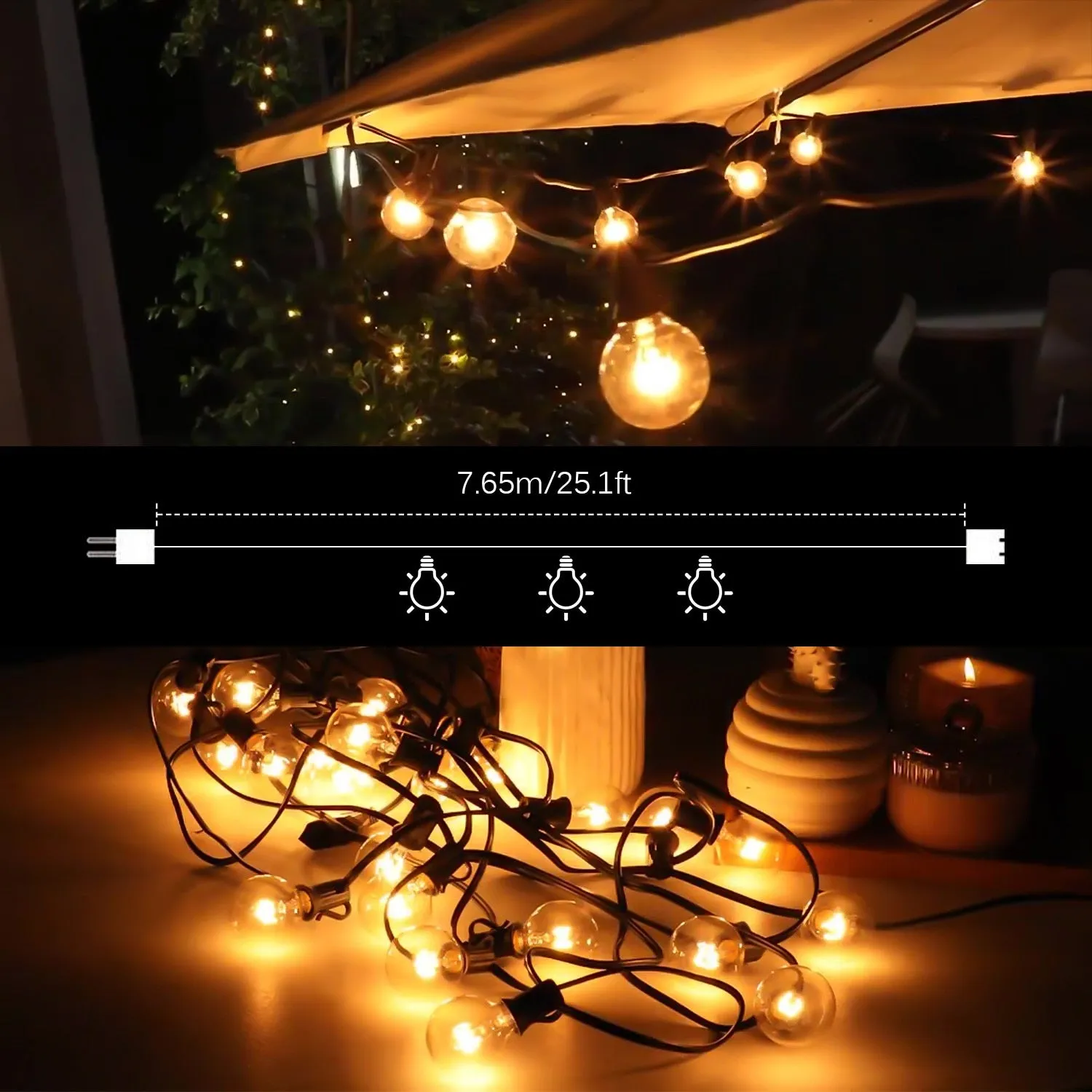 25Ft G40 Globe Bulb String Lights With 25 Clear Ball Vintage Bulbs Indoor/Outdoor Hanging Umbrella Patio String Lighting