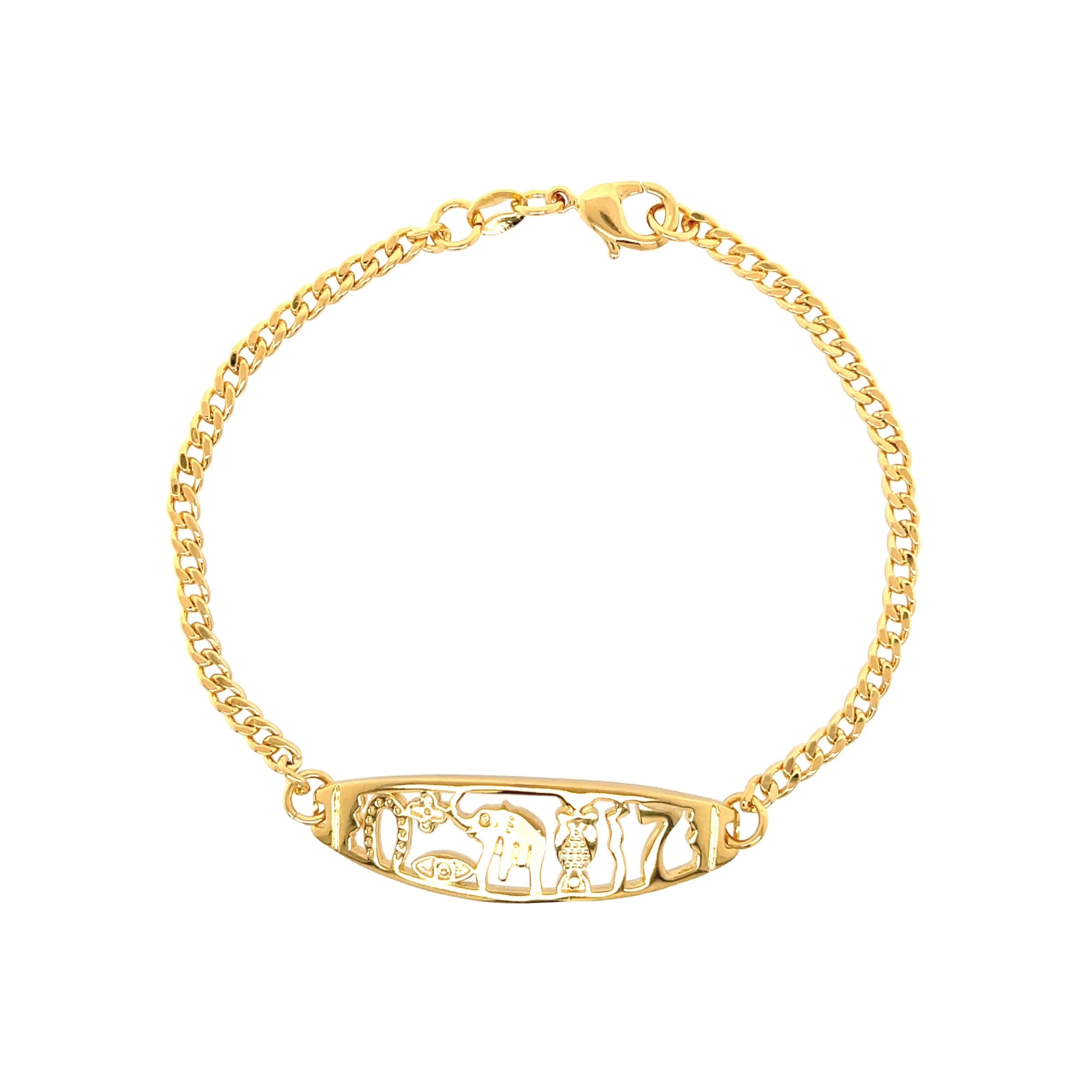 7 Lucky Charm Plate Bracelet Horseshoe Evil Eye Elephant Owl Thunder Seven Cuban Curb Link Chain