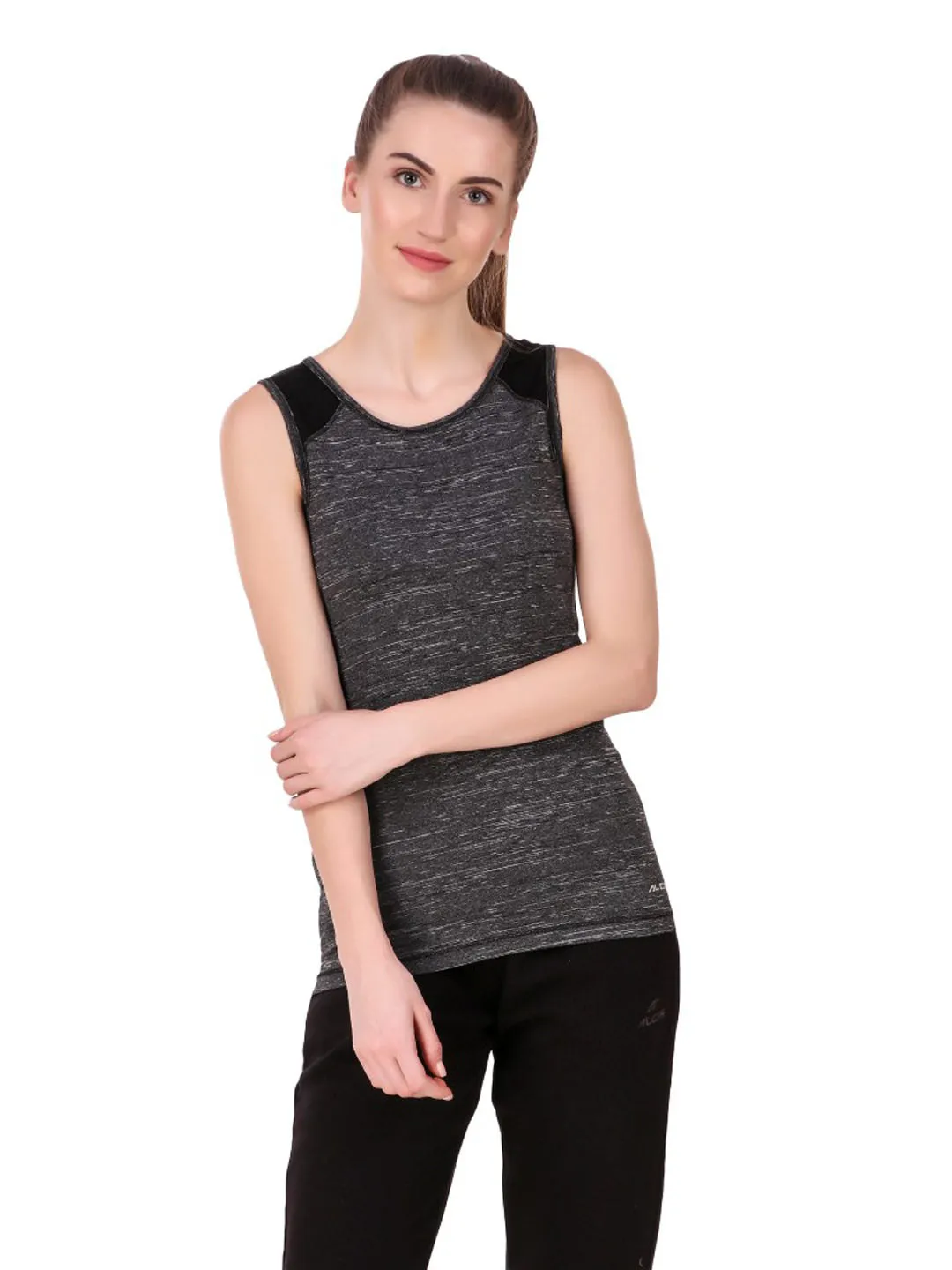 Alcis Women Charcoal Grey Self Design Round Neck Sports T-shirt