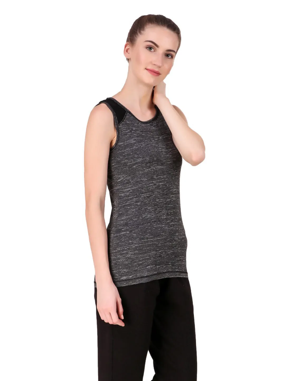 Alcis Women Charcoal Grey Self Design Round Neck Sports T-shirt