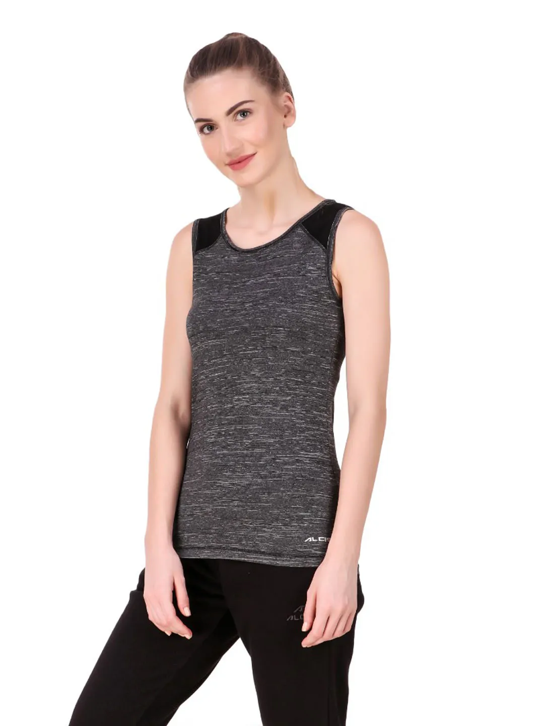 Alcis Women Charcoal Grey Self Design Round Neck Sports T-shirt
