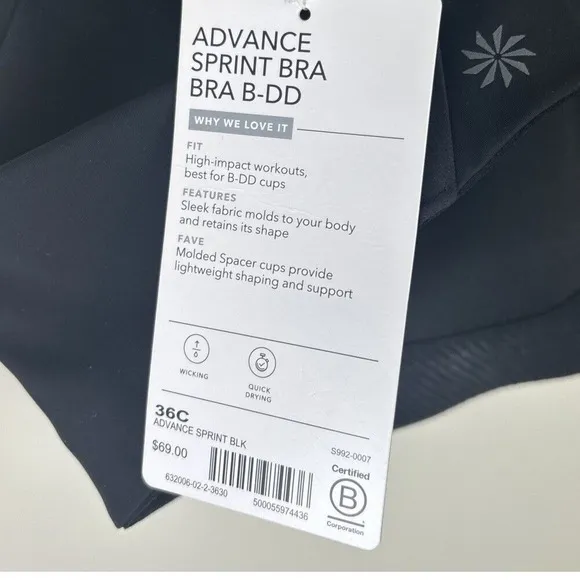 Athleta 36C Advance Sprint Bra Black Running Cardio Sports Bra High Impact NWT