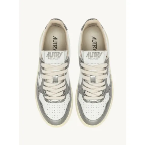 Autry Medalist Low Sneakers in White and Silver Leather