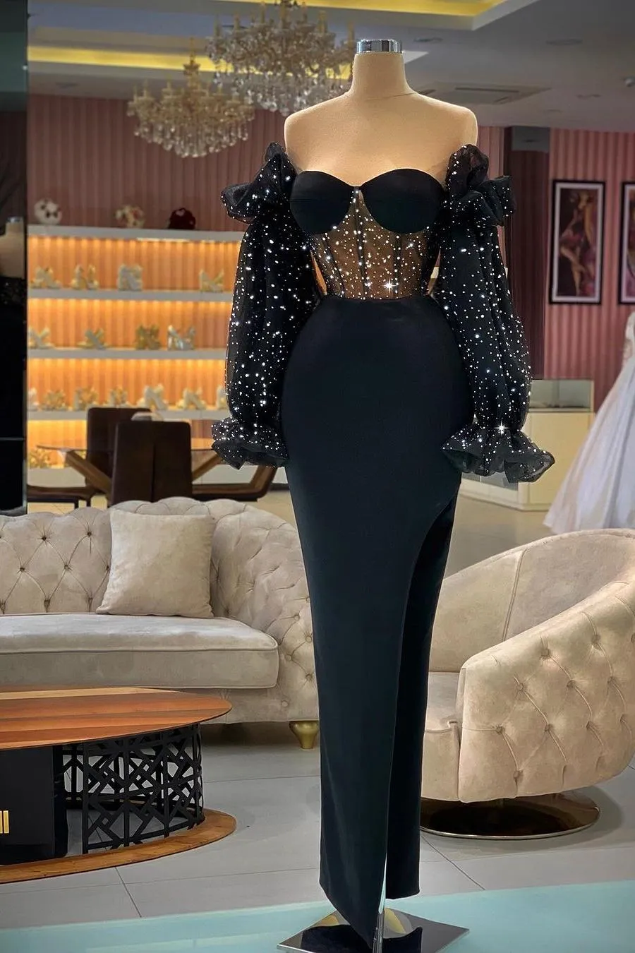 Ballbella Black Long Sleeves Prom Dress Sheath Sweetheart With Beads