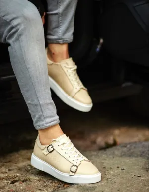 Beige Mid Top Monk Strap Sneakers