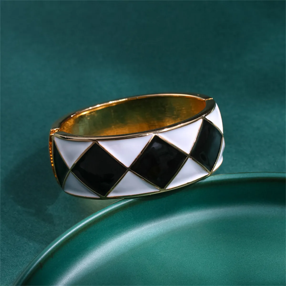 Black Enamel & 18K Gold-Plated Rhombus Bangle