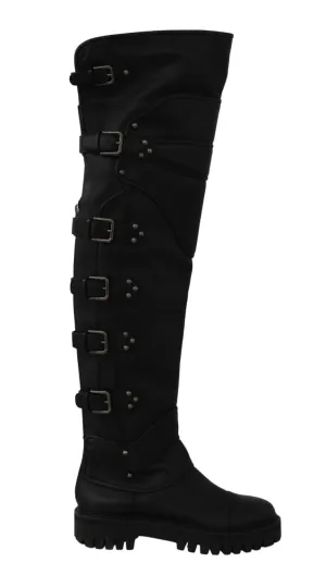 Black Leather Over Knee Biker Boots