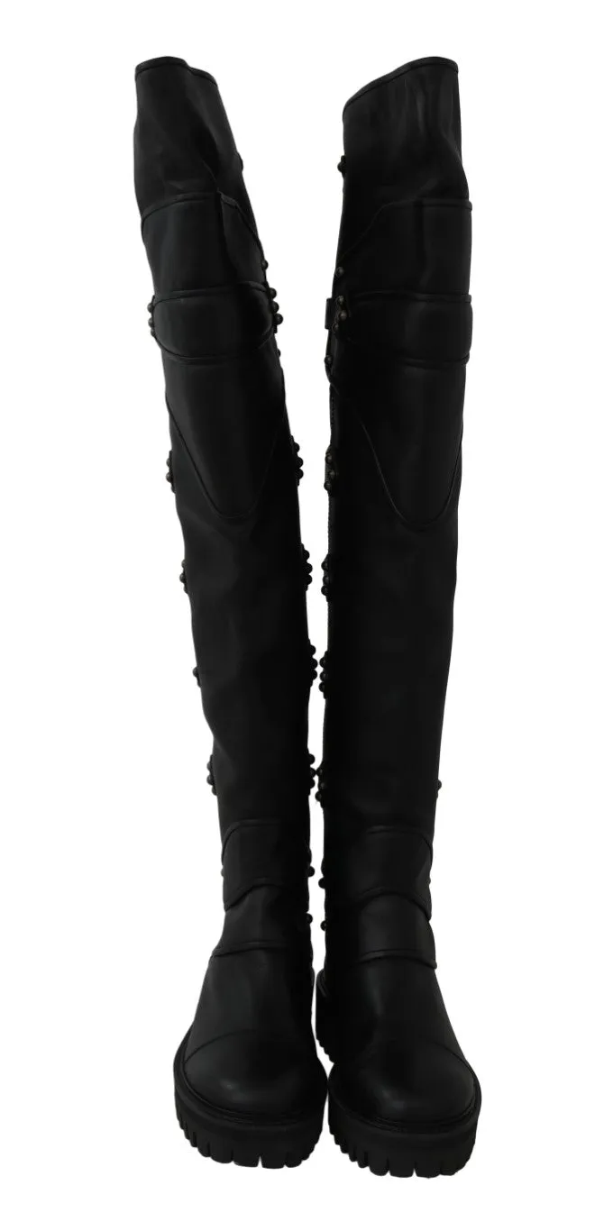 Black Leather Over Knee Biker Boots