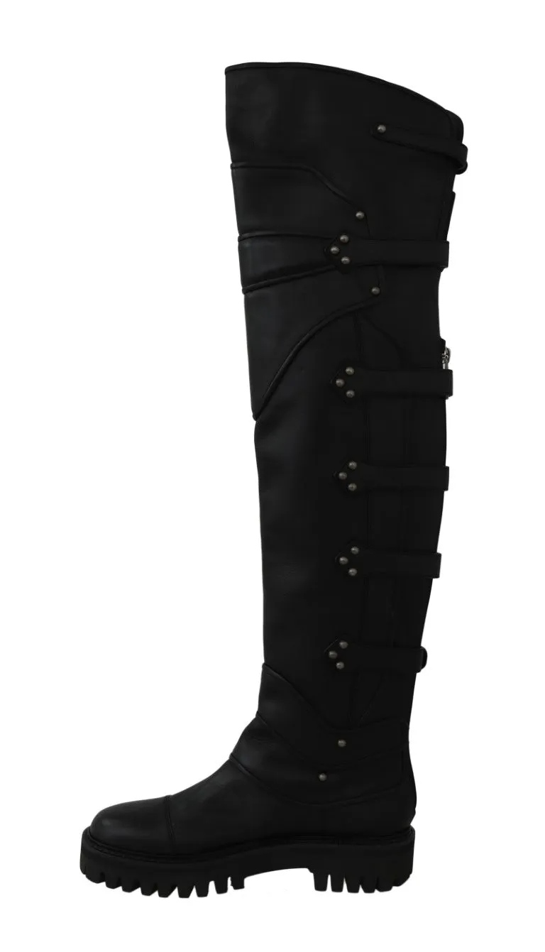Black Leather Over Knee Biker Boots