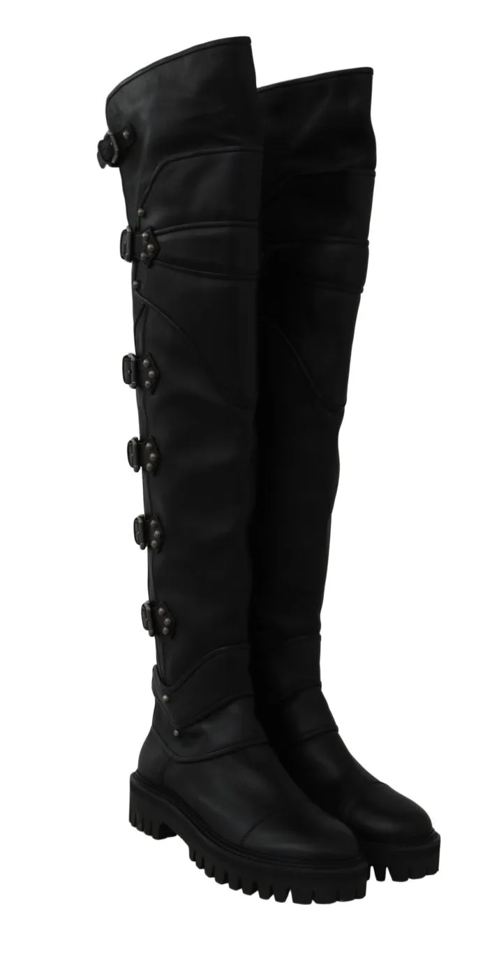 Black Leather Over Knee Biker Boots