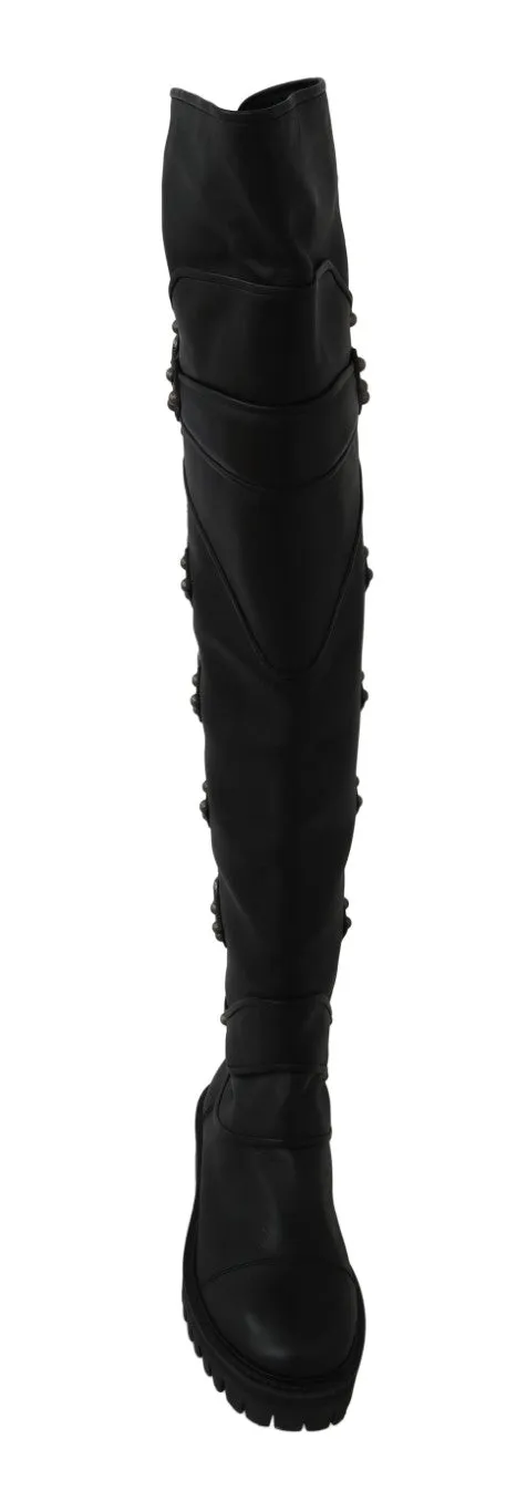 Black Leather Over Knee Biker Boots