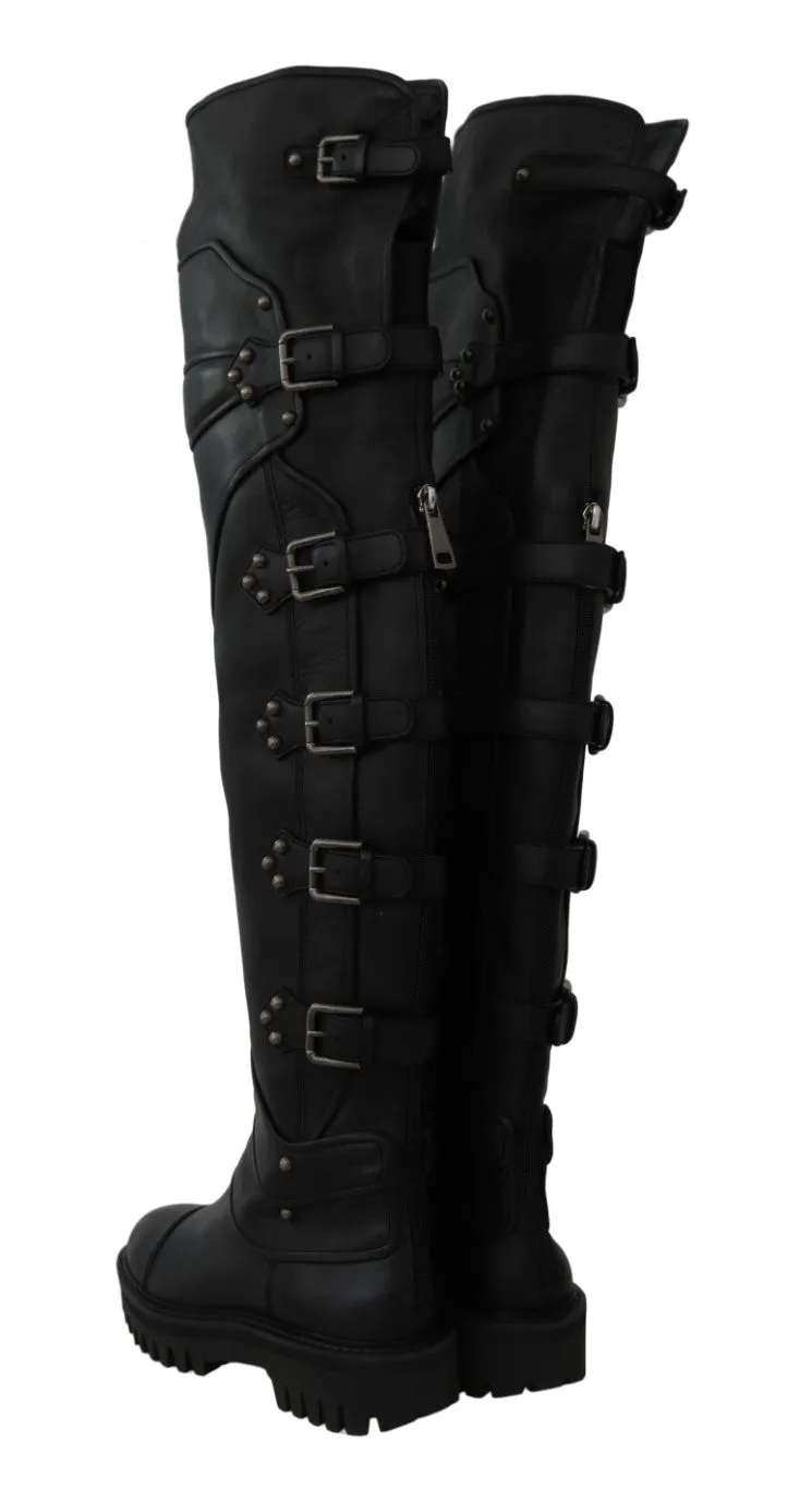 Black Leather Over Knee Biker Boots