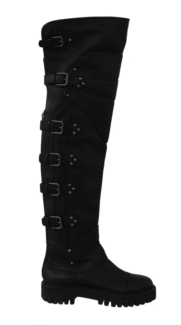 Black Leather Over Knee Biker Boots