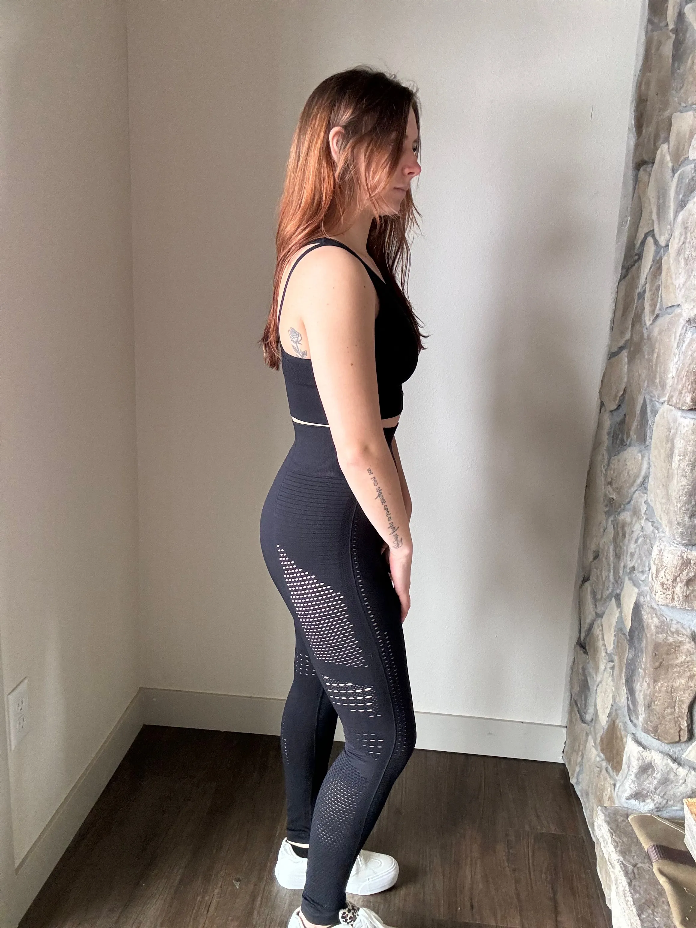 black mesh insert sports bra   leggings set