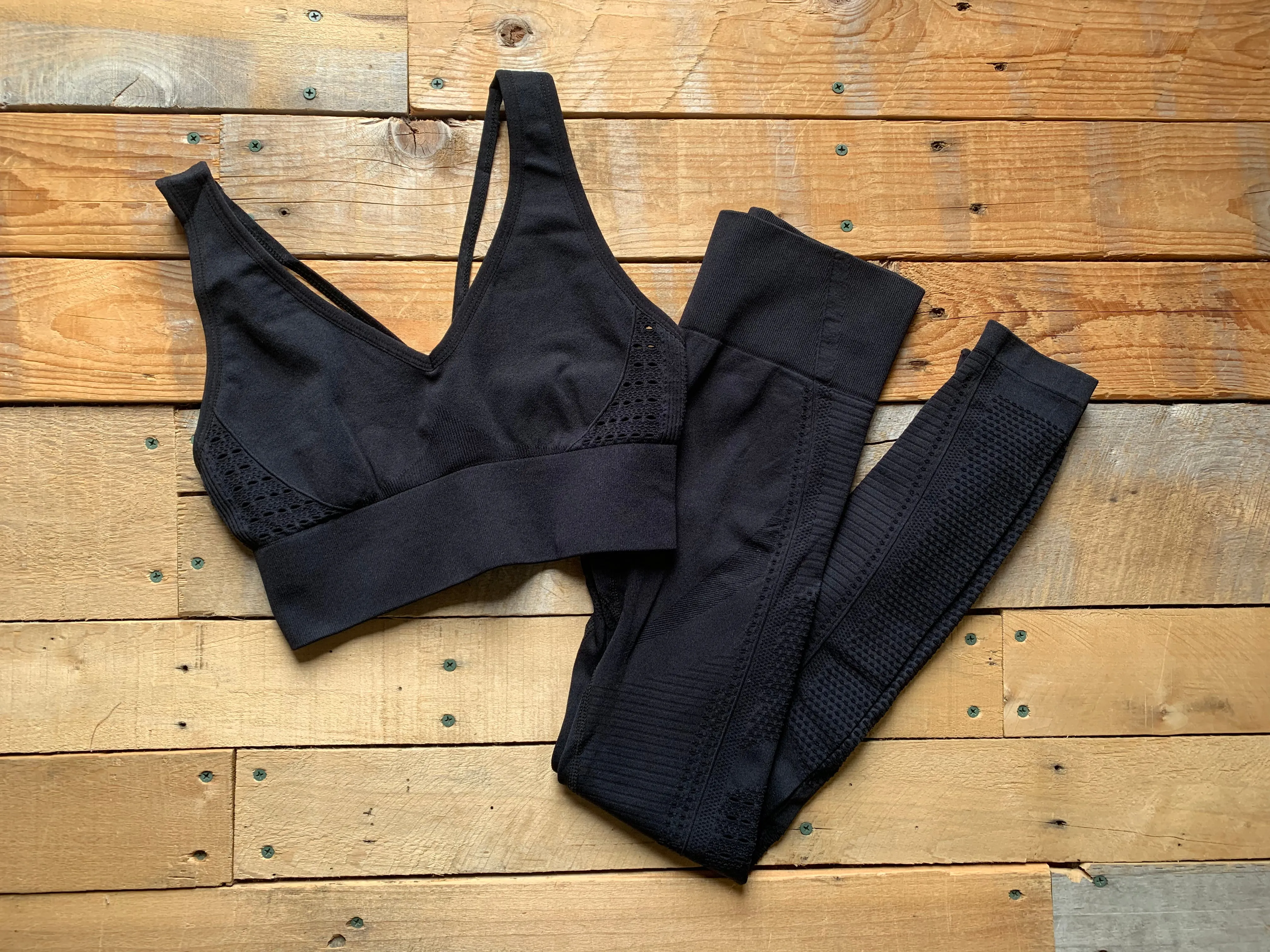 black mesh insert sports bra   leggings set