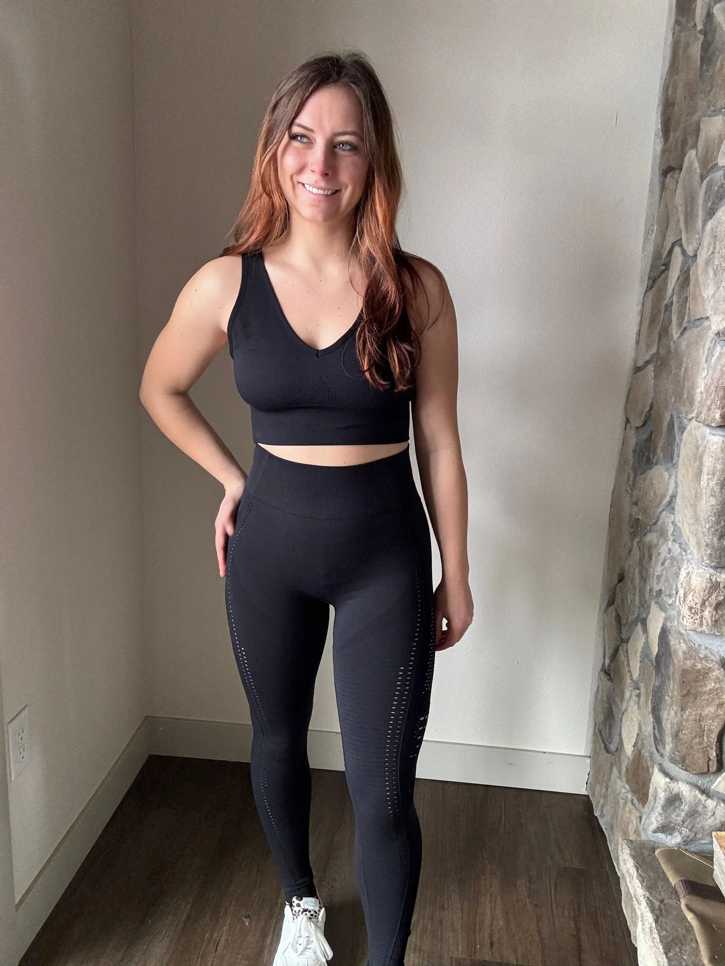 black mesh insert sports bra   leggings set