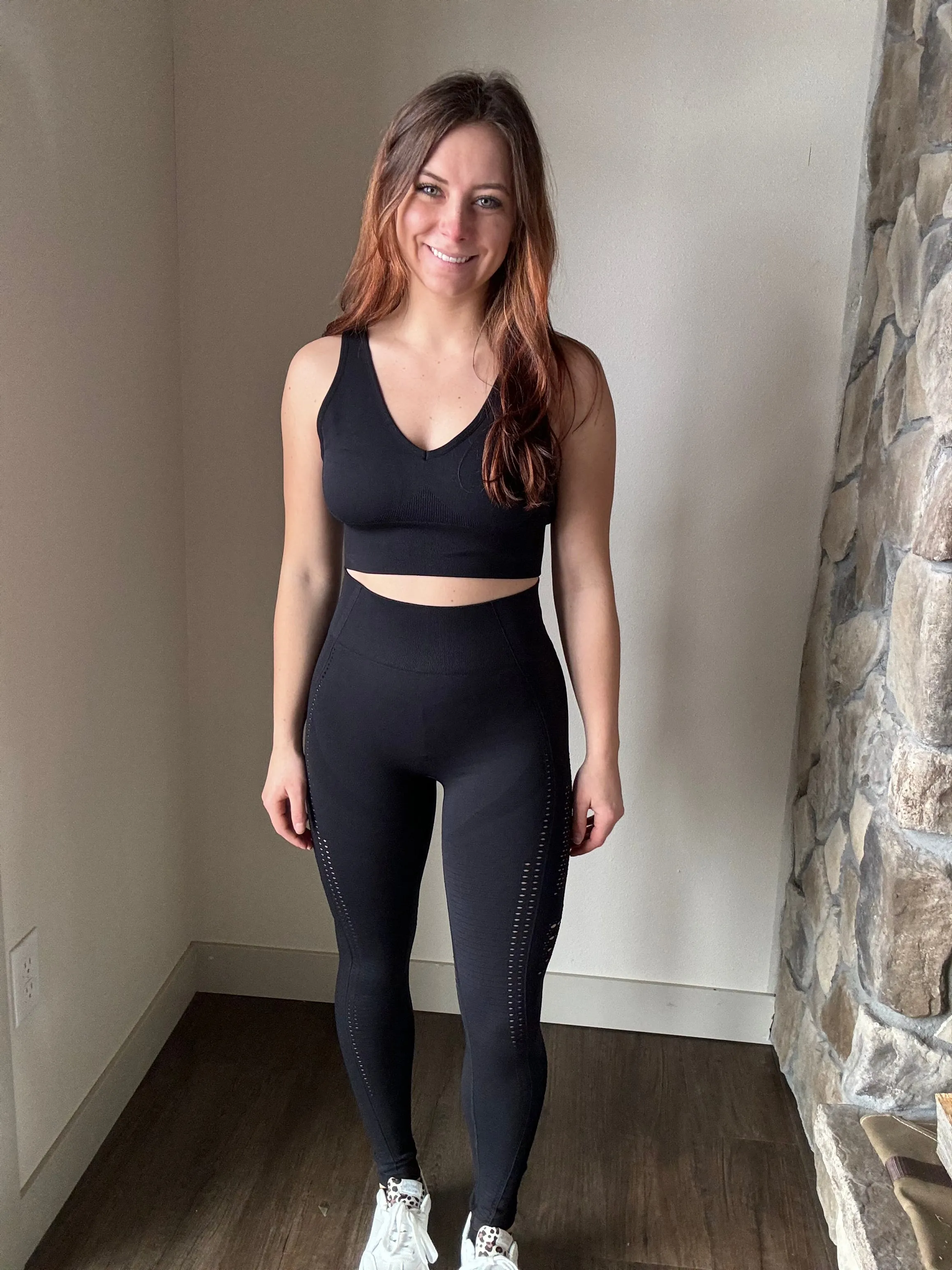 black mesh insert sports bra   leggings set
