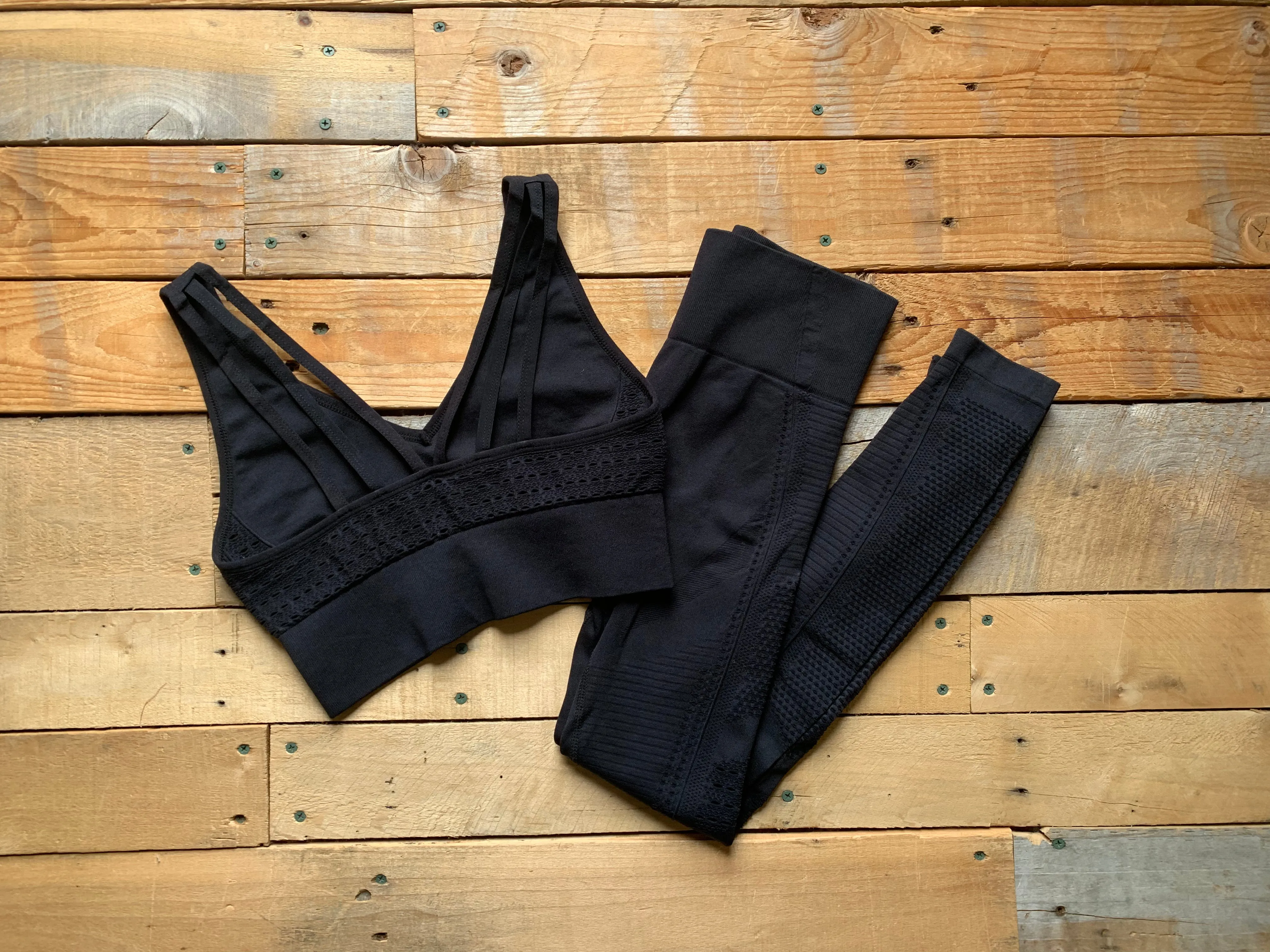 black mesh insert sports bra   leggings set