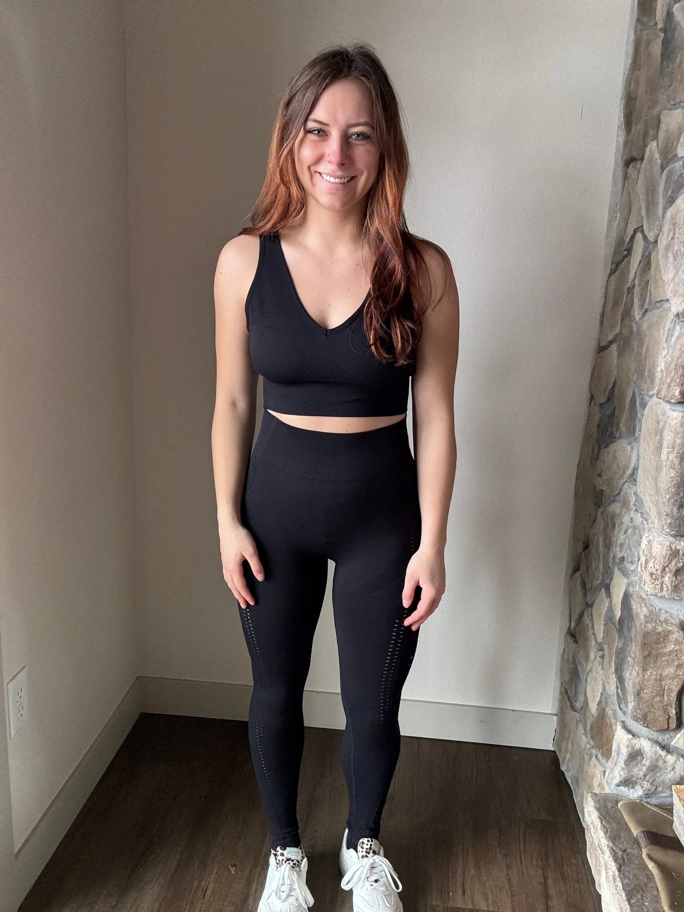 black mesh insert sports bra   leggings set