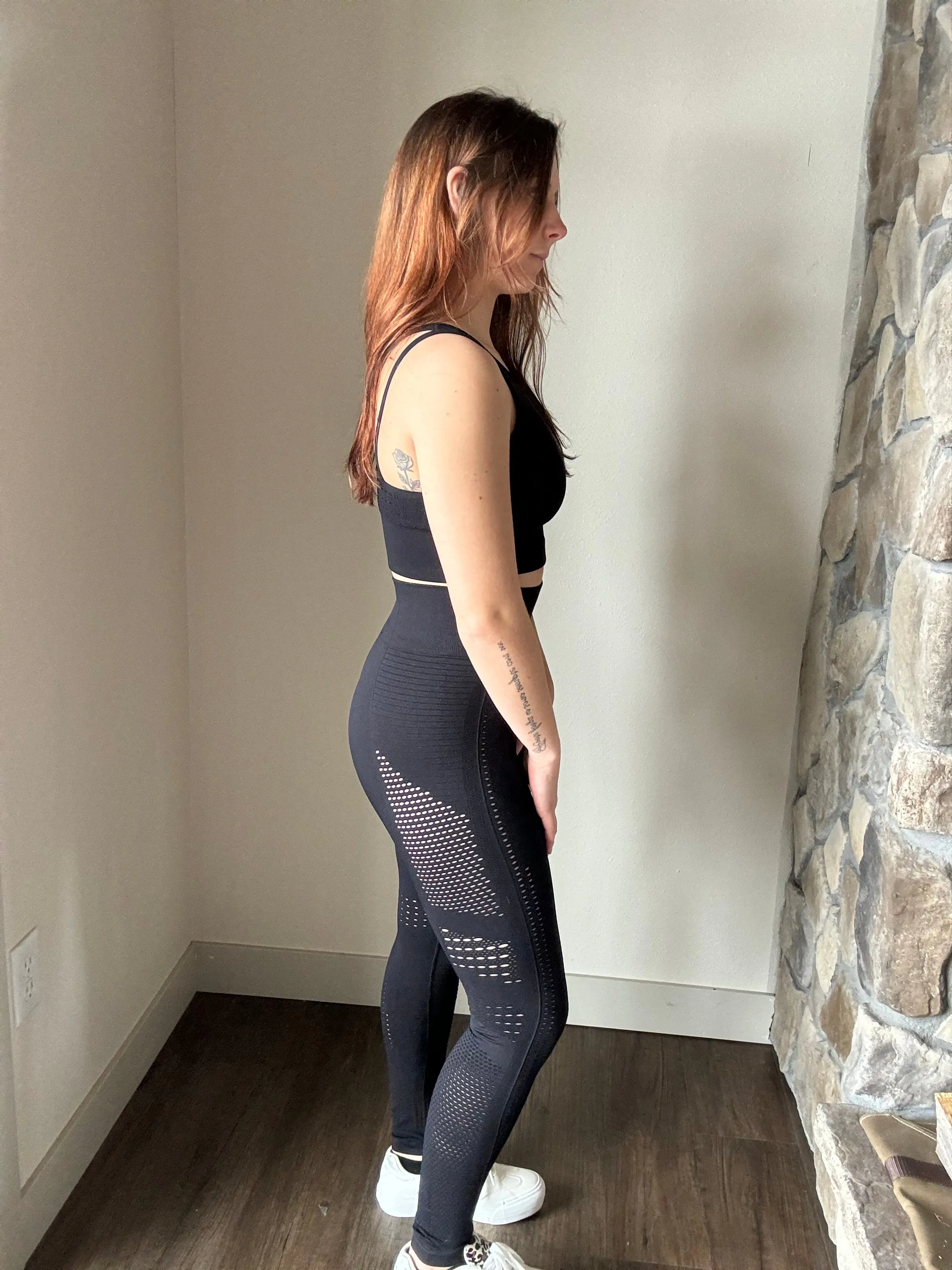 black mesh insert sports bra   leggings set