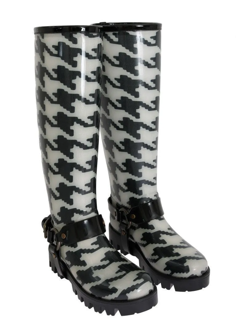 Black White Pattern Rubber Rain Boots