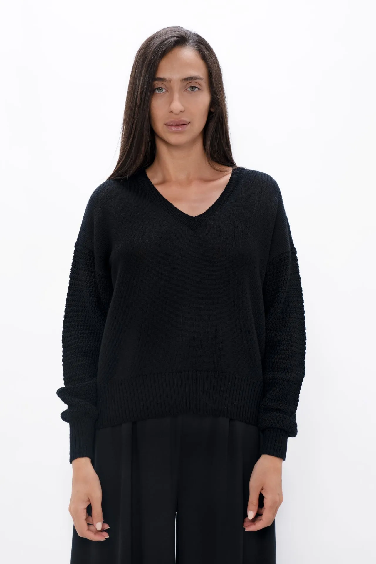 Black Wool V Neck Sweater