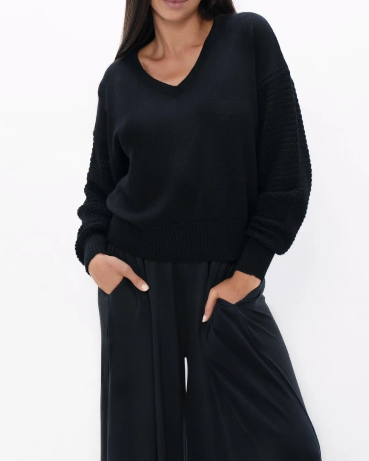 Black Wool V Neck Sweater