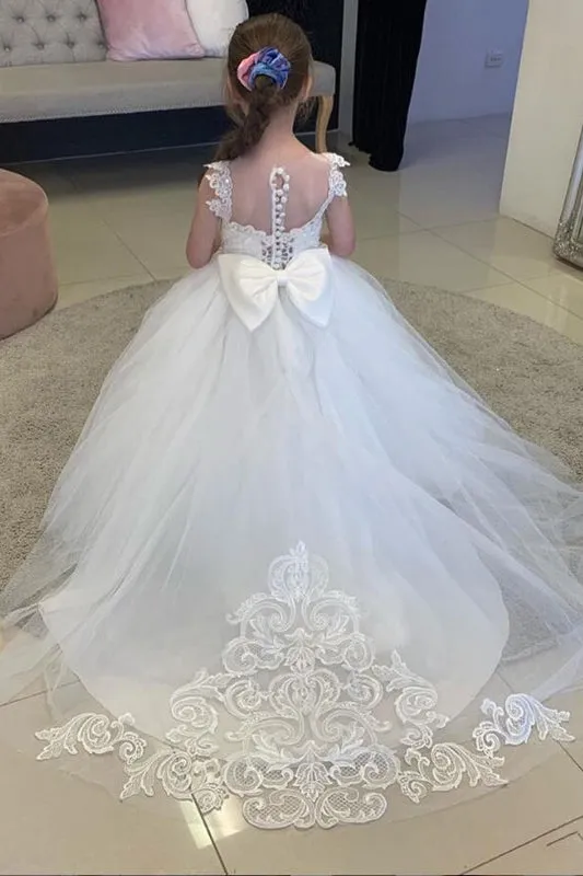 Boho Long Tulle Ball Gown Flower Girls Dresses with bow