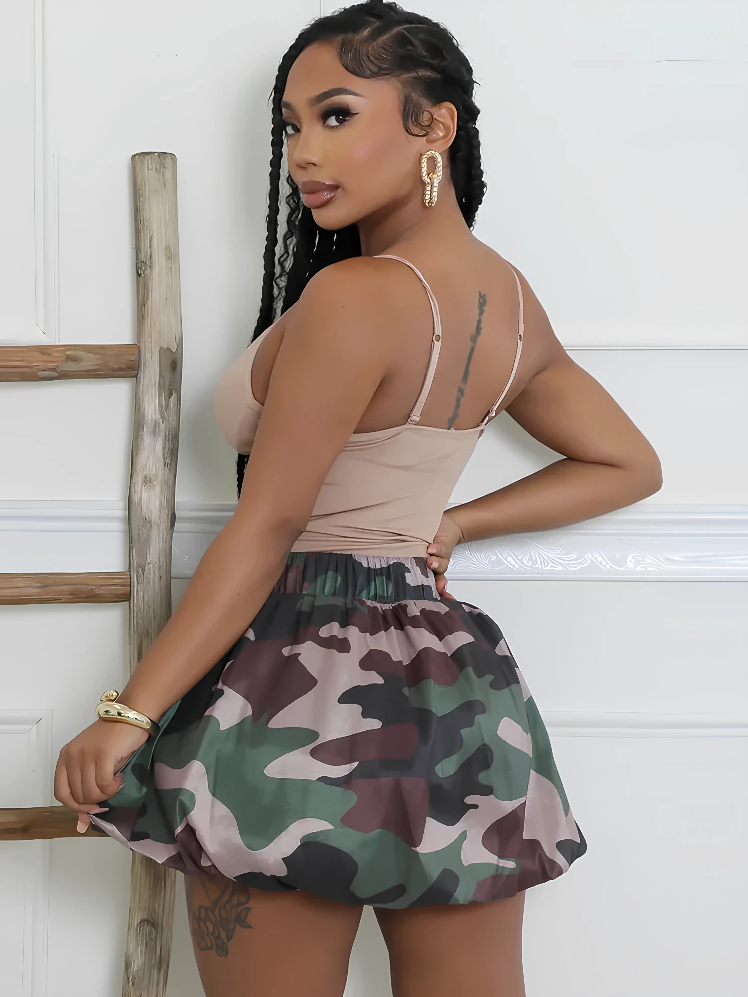 Bold Camouflage Print Miniskirt – Zipper Stretch Waist with Rings Patchwork