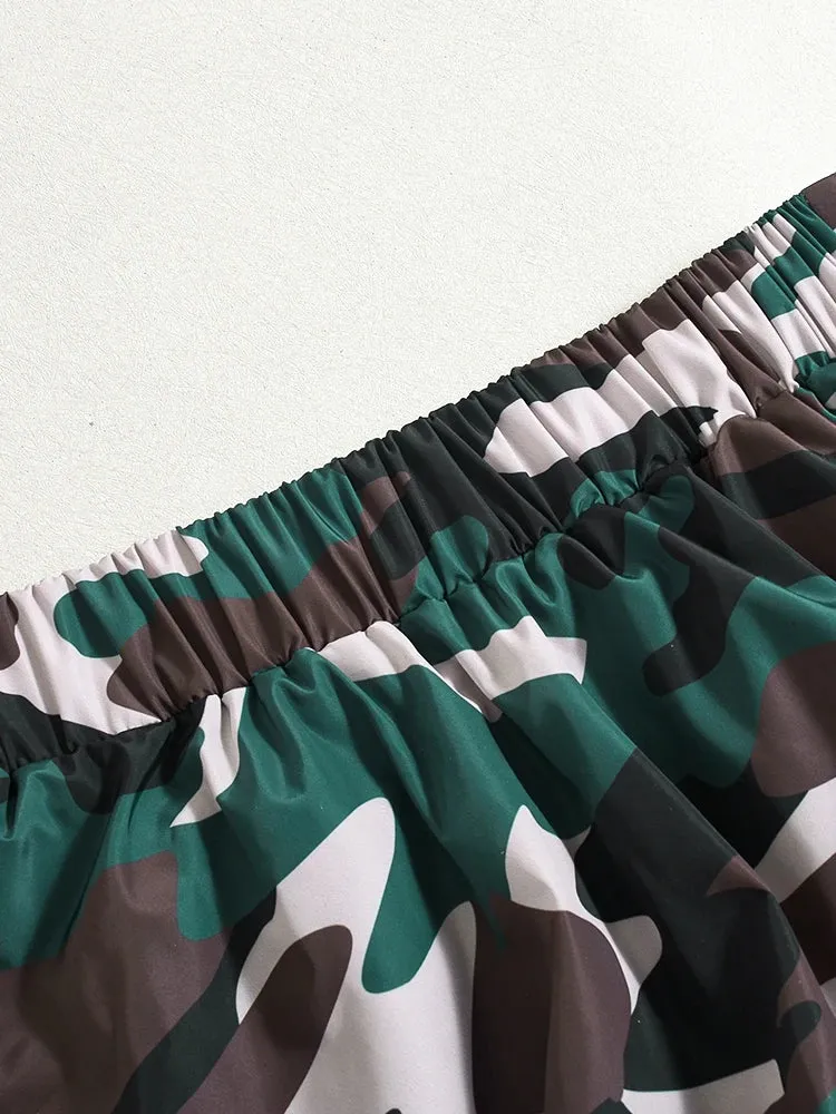 Bold Camouflage Print Miniskirt – Zipper Stretch Waist with Rings Patchwork