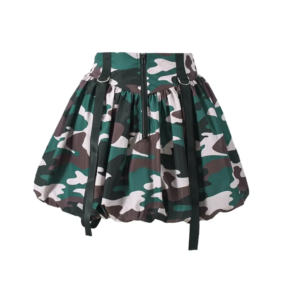 Bold Camouflage Print Miniskirt – Zipper Stretch Waist with Rings Patchwork