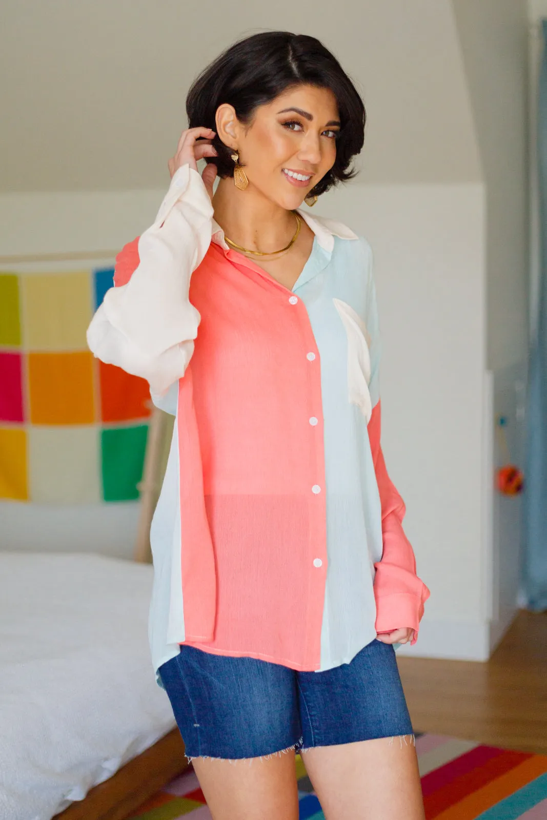 Capture the Day Lightweight Color Block Button-Up Top