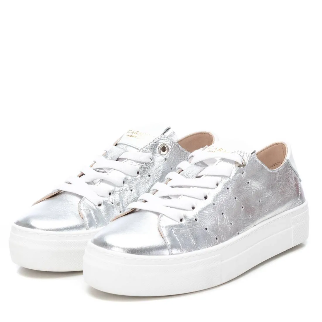 Carmela Silver Leather Flat Form Sole Sneakers