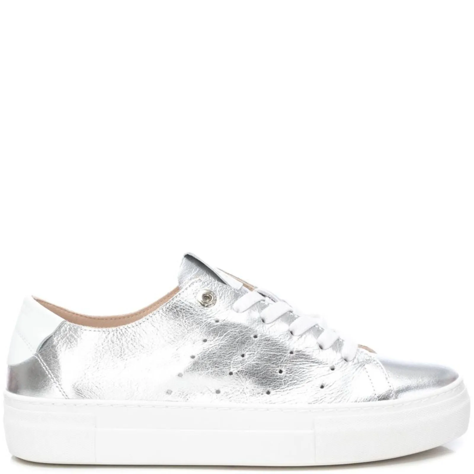 Carmela Silver Leather Flat Form Sole Sneakers
