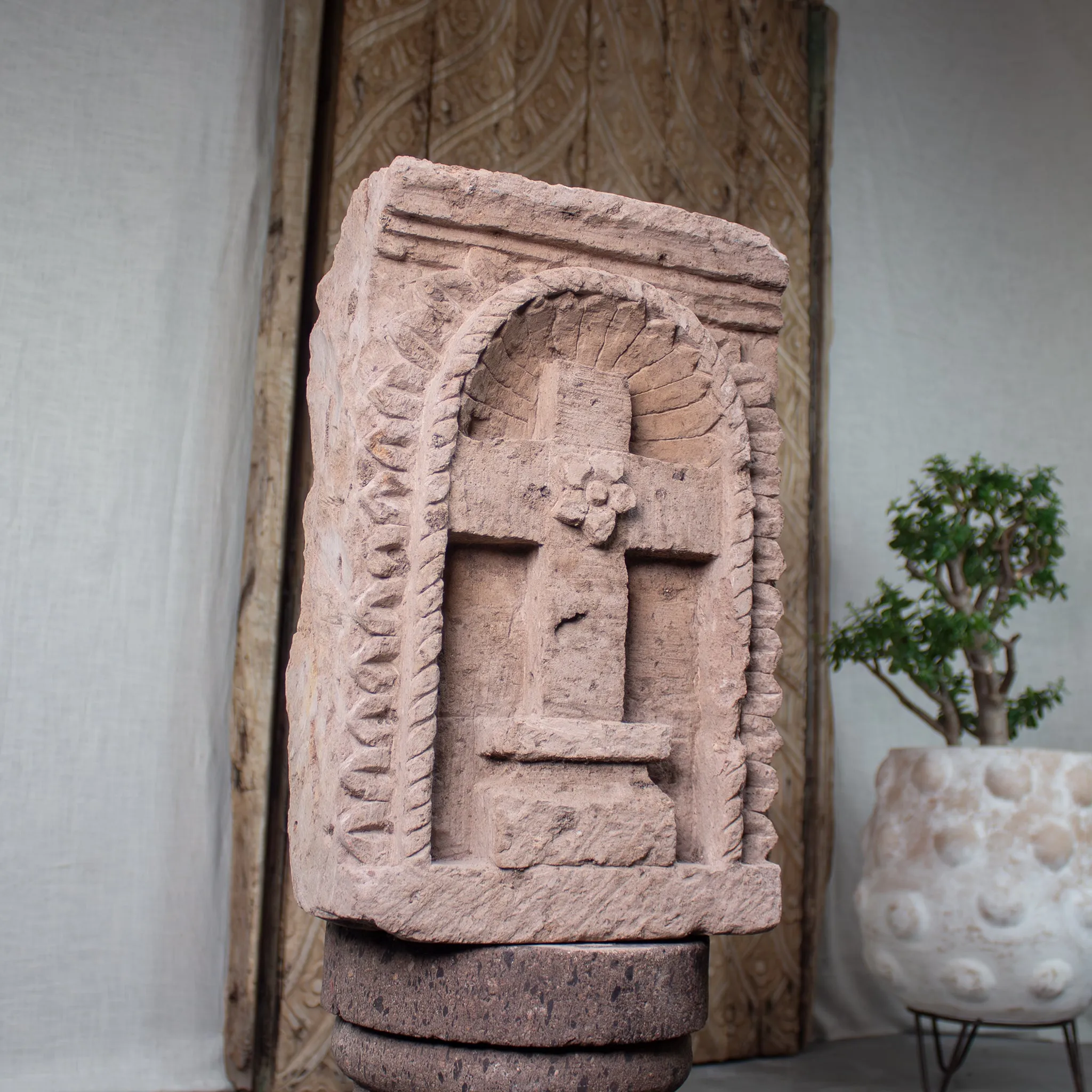 Carved Stone Niche, Vintage Crucifix