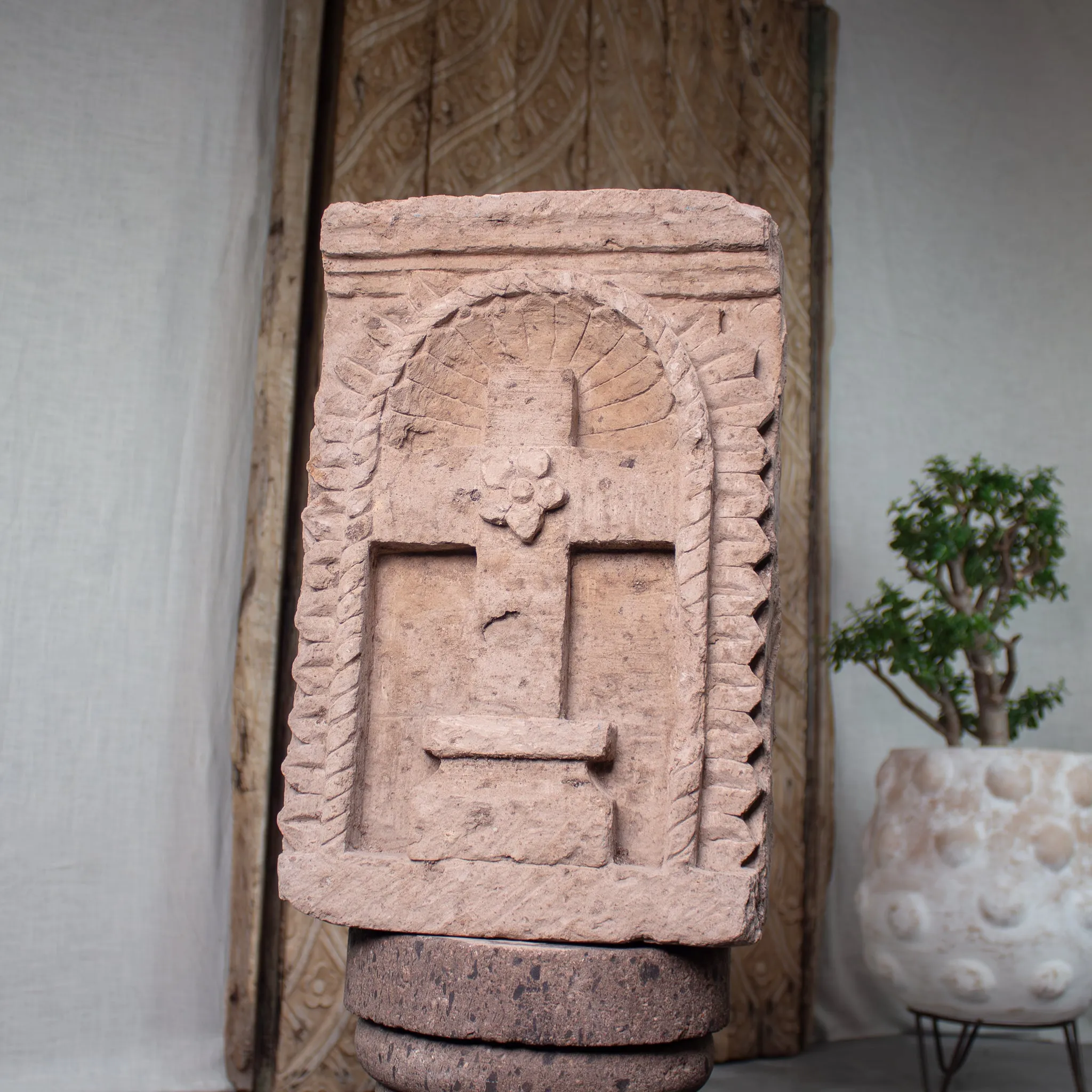 Carved Stone Niche, Vintage Crucifix