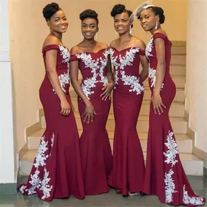 Cheap Burgundy Bridesmaid Dresses Off the Shoulder Appliques Long