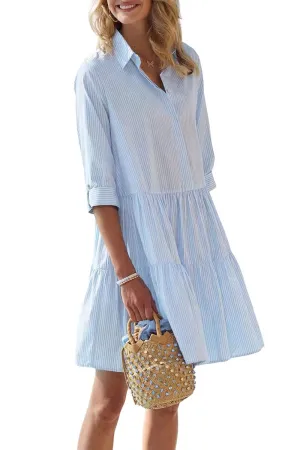 Chouyatou Women's Striped Button Down Shirt Dress Loose Casual Cuffed Sleeve Tiered Mini Tunic Dress