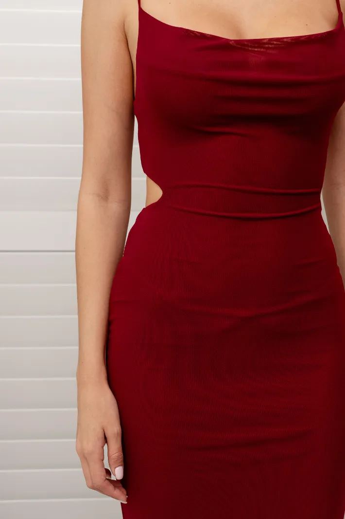 CIEL WAIST CUT-OUT MESH MAXI DRESS - Wine Red