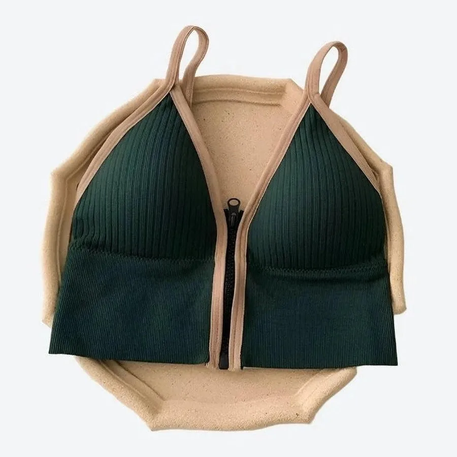 Comfortable Zip-Front Ribbed Sports Bras