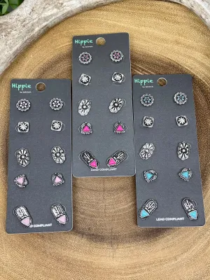 Concho & Cactus Themed Stone Earring Set - 5 pairs