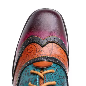 CrazycatZ Leather Pumps,Womens Colorful Vintage Block Heel Oxford Vintage Shoes Pumps