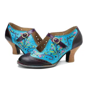CrazycatZ Women's Leather Mary Jane Shoes Mary Jane Colorful Leather Oxfords Vintage Leather Pumps 2503