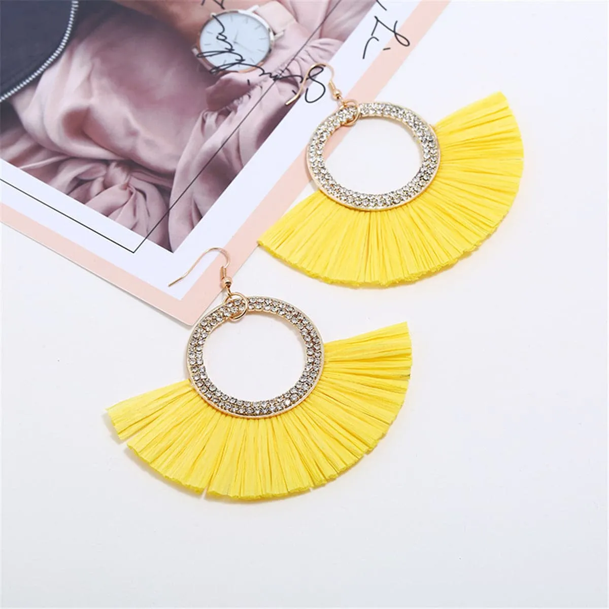 Cubic Zirconia & Yellow Raffia 18K Gold-Plated Drop Earrings