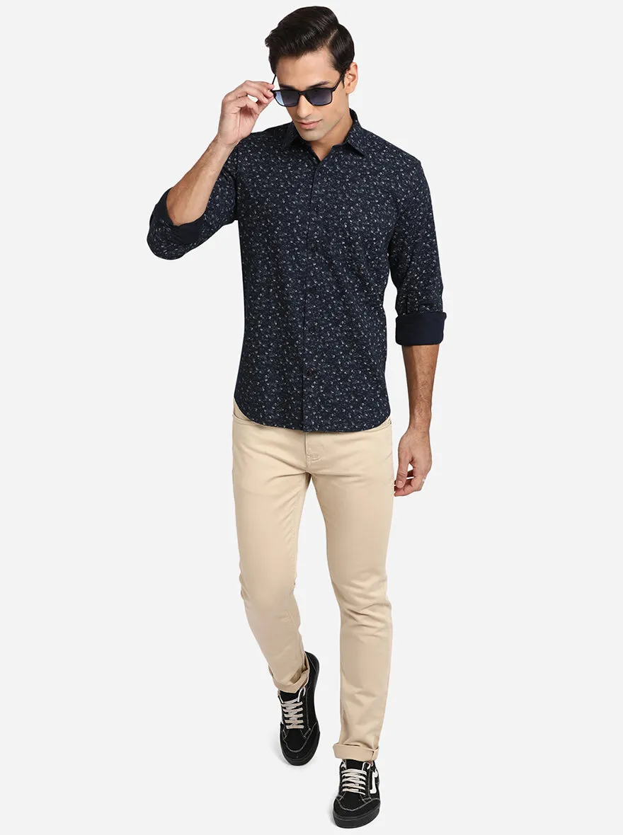 Dark Blue Printed Slim Fit Casual Shirt | JadeBlue