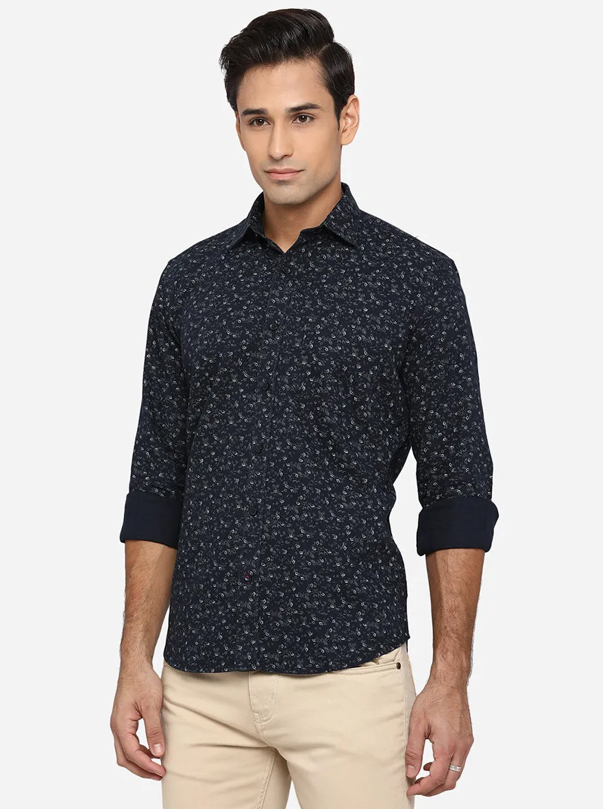 Dark Blue Printed Slim Fit Casual Shirt | JadeBlue
